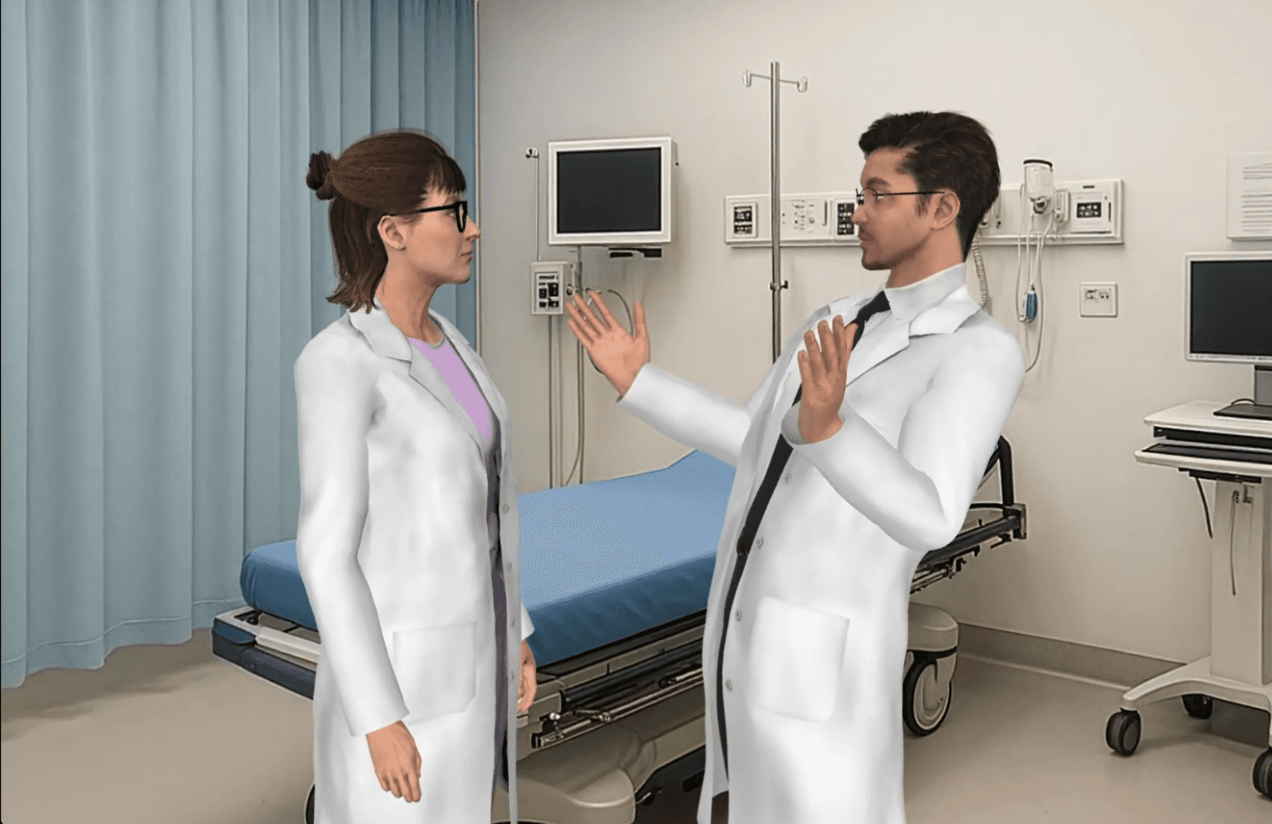 Two physicians reacting mid-conversation in an AliveSim exam-room scenario