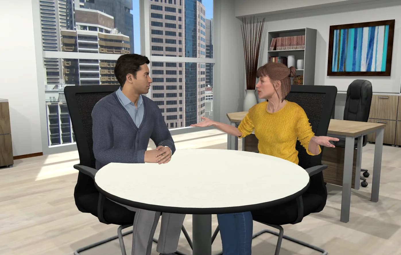 Two colleagues weighing options at a decision point in an AliveSim scenario