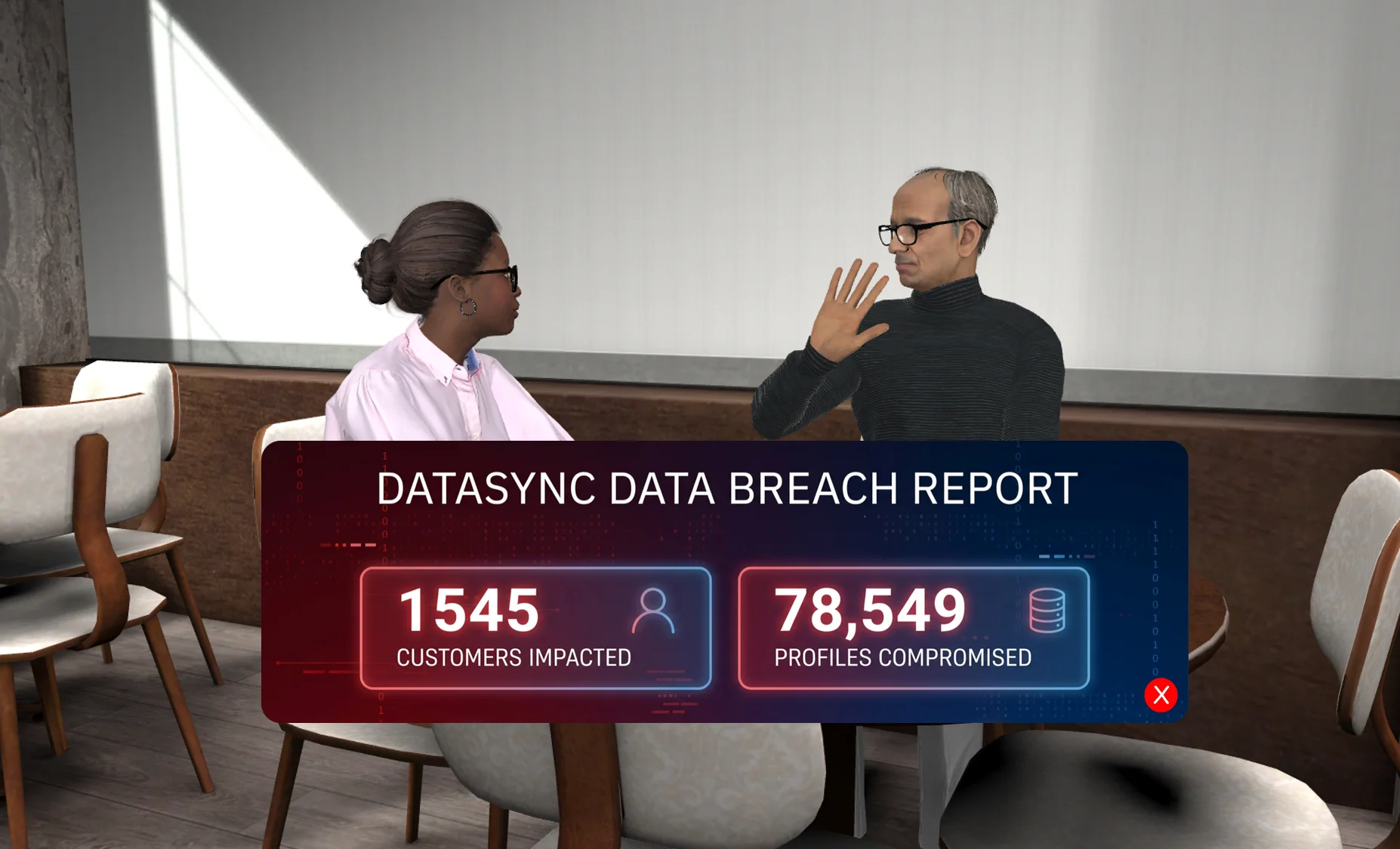 An AliveSim scenario surfacing a data breach report panel during a conversation