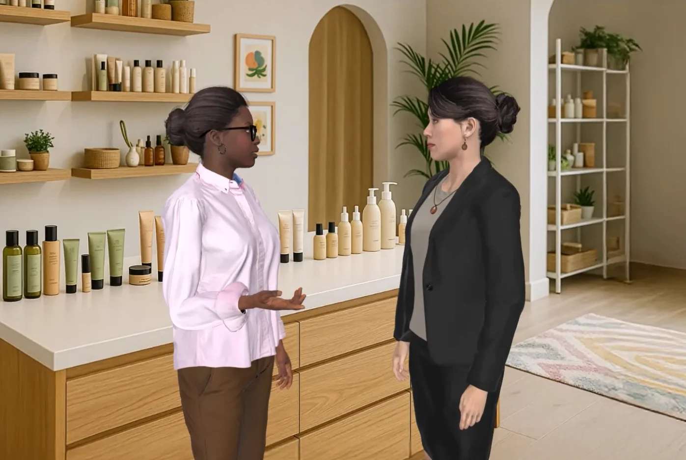 A sales conversation in a cosmetics boutique in an AliveSim scenario