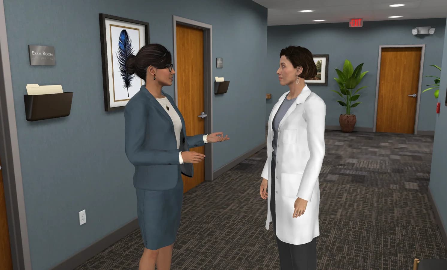 A sales rep speaking with a physician in a clinic hallway in an AliveSim scenario