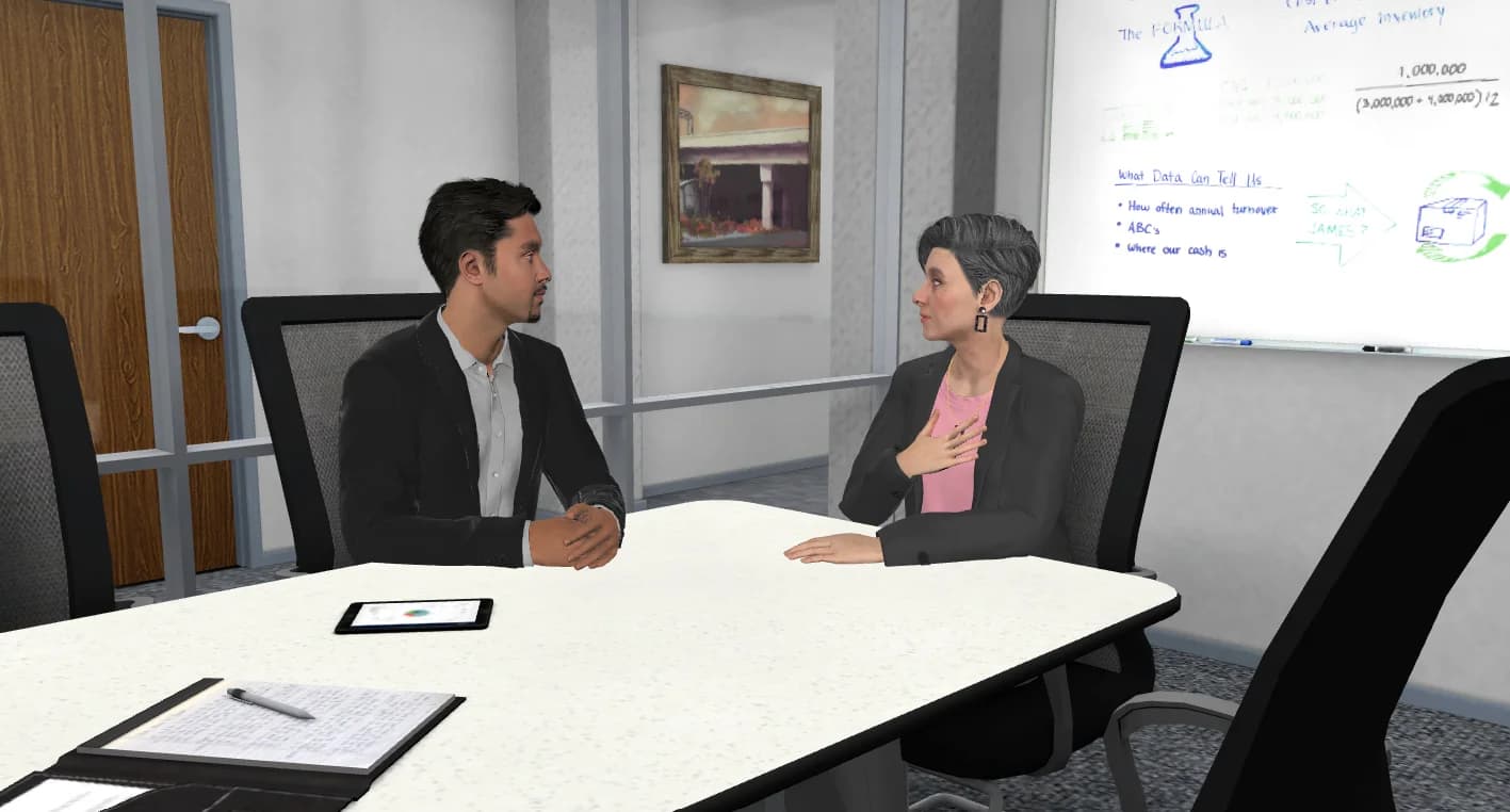 Two colleagues in a candid moment at a conference table in an AliveSim sales scenario