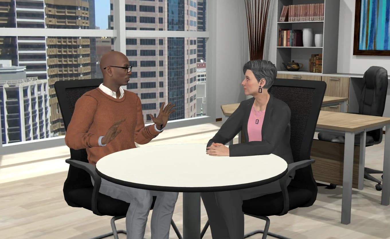 A seller making his case at a small table in an AliveSim sales scenario