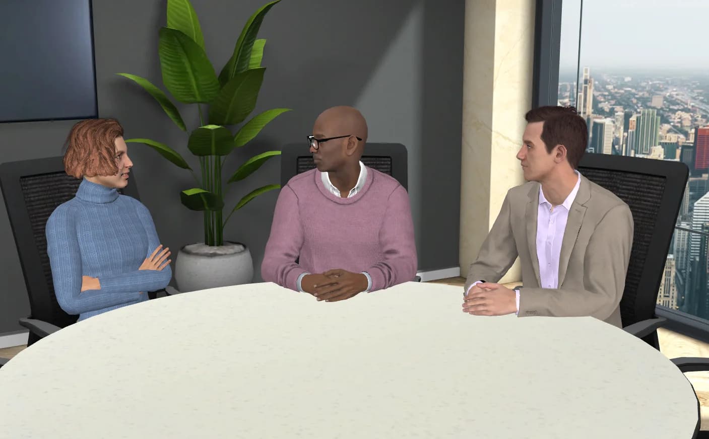 A three-person sales meeting around a table in an AliveSim scenario