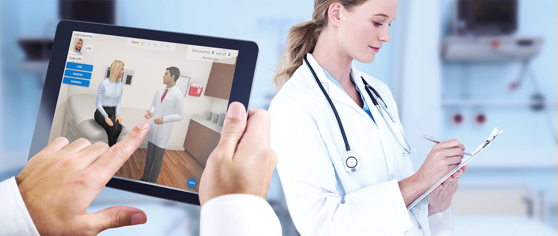 Doctor using medical education AliveSim simulation on tablet