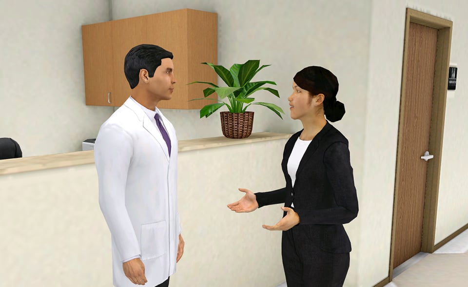 Virtual doctor engaged in conversation with a virtual sales rep 