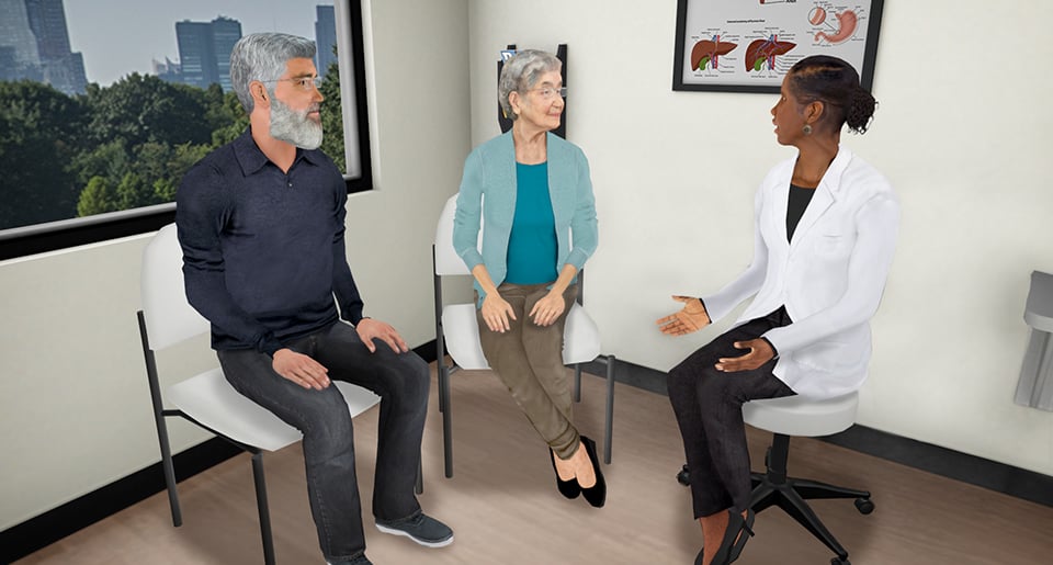 A virtual clinician engaged in a conversation with a virtual patient and their caregiver. 