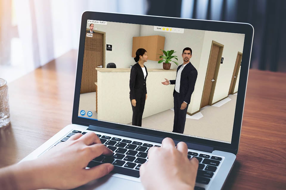 Sales training simulation being used on a PC